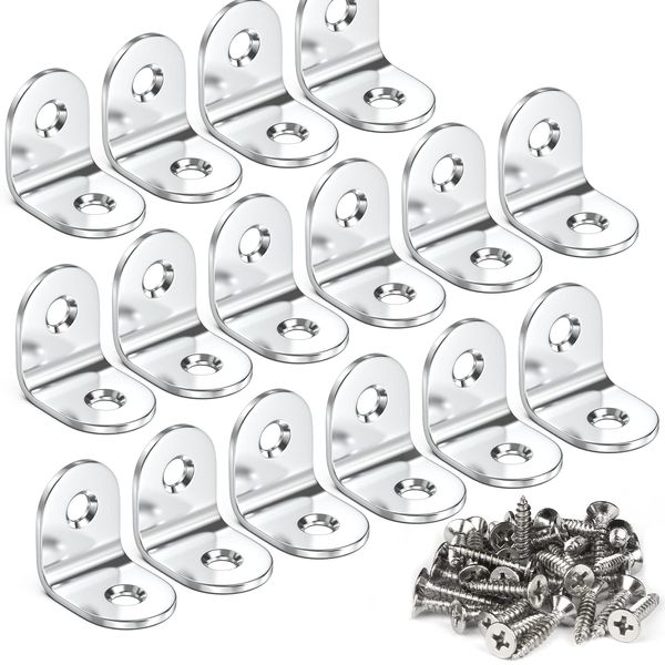 Teenitor 16 Pcs Corner Braces - 20x20mm 90 Degree Right Angle Brackets Fastener Stainless Steel L Shaped Corner Bracket with 32 Pcs Screws Brace Corner Steel Joint Silver