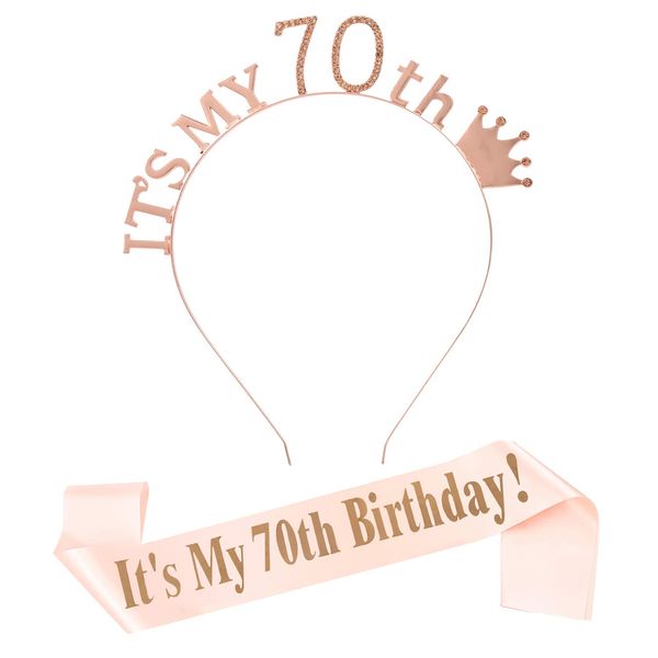 70th Birthday Gifts for Women, 70th Rose Gold Birthday Tiara and Sash, Happy 70th Birthday Party Supplies