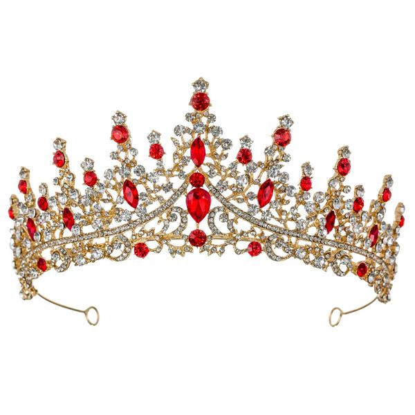 Samky Gold Bridal Headpiece Red Rhinestone Wedding Tiara Crown Crystal Hair Accessories for Bride