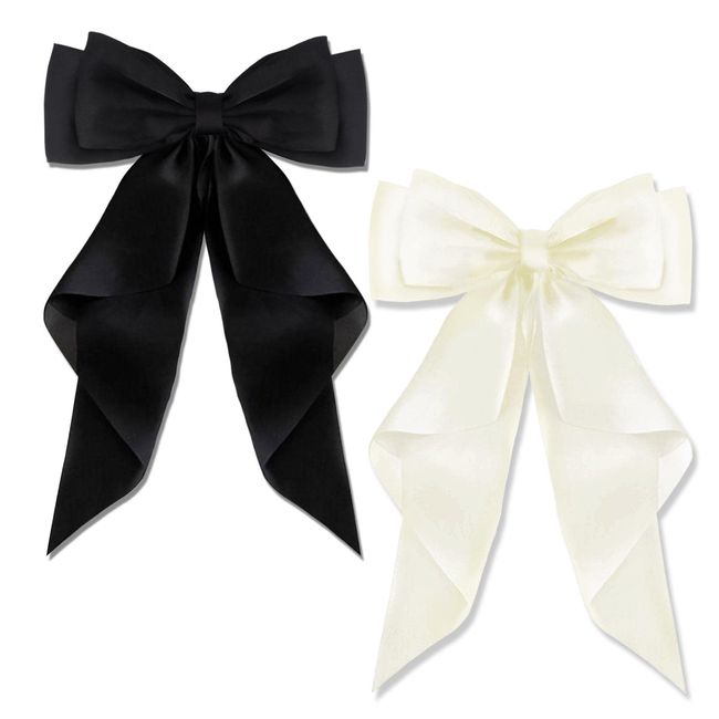 2pcs/set (black & White) Silky Satin Hair Ribbon Bow With Metal Clips Hair  Accessories For Girls