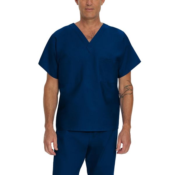 Landau Essentials Unisex Relaxed Fit 1-Pocket V-Neck Scrub Top 7502 Navy