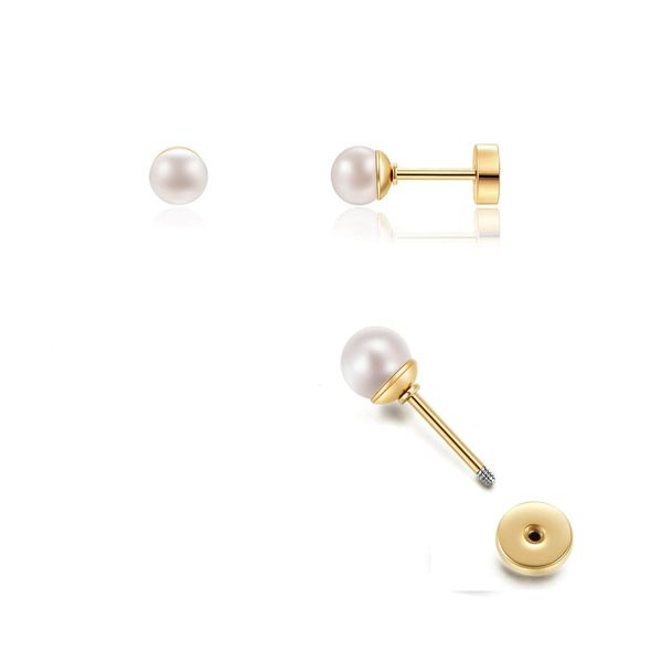 14K Gold Screw Back Pearl Stud Earrings for Women,Flat Back Pearl Cartilage Earrings Pearl Helix Earrings Hypoallergenic 316L Surgical Steel Piercing Jewelry Gift for Girls Toddlers (5mm Pearl, Gold)