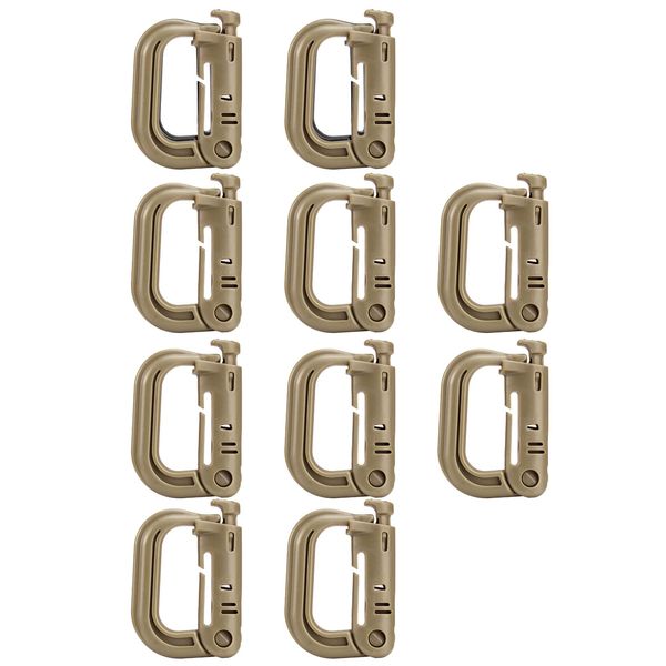 VIPERADE VAB1 10 Pack Multipurpose D-Ring, Grimlock Locking for 1" Molle Webbing,Tactical Locking Carabiner for MOLLE Webbing Attachment Backpacks/Pouch/Bag (Tan)