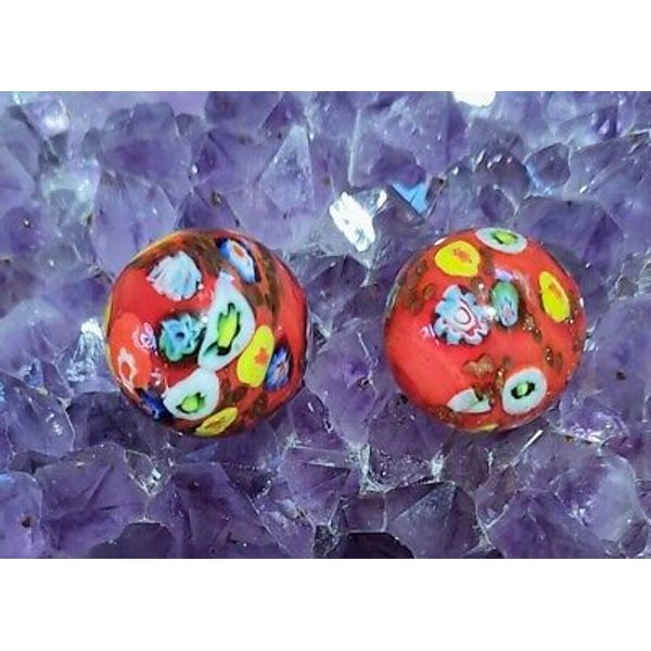 HAND MADE, RED MILLEFIORI CANDY DESIGN STYLE, 25MM GLASS MARBLES/SET OF 2