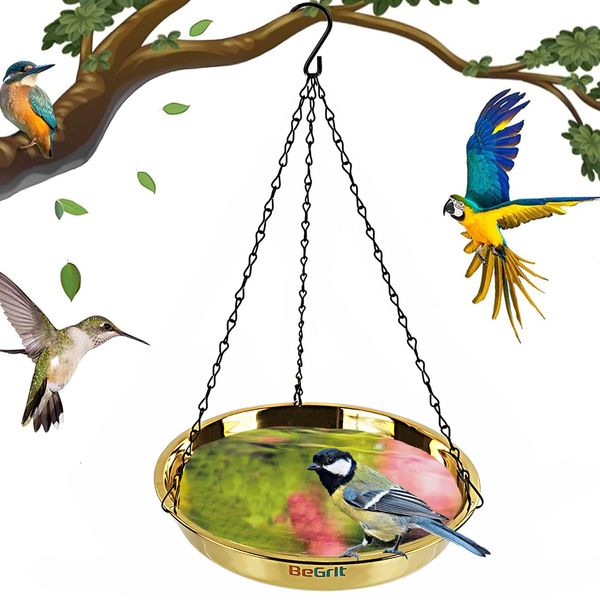 BeGrit 1 Pack Hanging Bird Bath 28cm Garden Birdbath Bowl Metal Feeding Station with Hook Hummingbirds Water Seed Tray Gold for Yard Lawn Wildlife Wild Birds Garden Oenament