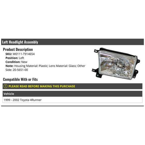 Left Driver Side Headlight Assembly - Compatible with 1999-2002 Toyota 4Runner