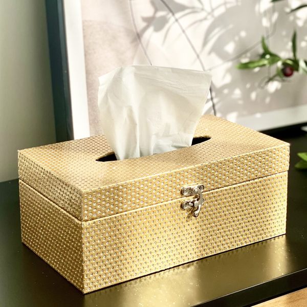 MODE HOME Wooden Tissue Box Cover Rectangular, Decorative Gold Tissue Box Holder for Bedroom, Living Room, Bathroom, Dryer Sheet Holder for Laundry Room Decor