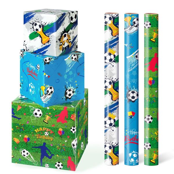 WERNNSAI Soccer Wrapping Paper - 3 Rolls 17”x 120”Football Wrapping Paper for Men Kids Birthday Gift Wrap Soccer Design Green White Blue Football Craft Paper for Sports Birthday Favor Present Packing