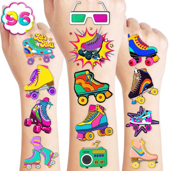 8 Sheets (96PCS) Roller Skate Temporary Tattoos 80s 90s Theme Birthday Party Decorations Supplies Favors Stickers For Kids Girls Boys Gifts Classroom School Prizes Rewards (Roller Skate 2)