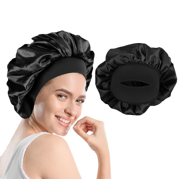 1 Pack Satin Bonnet, Night Sleep Caps with Wide Elastic Band, Silk Wrap, Soft Head Cover Sleeping Hat for Women and Girls Curly Hair (Black)