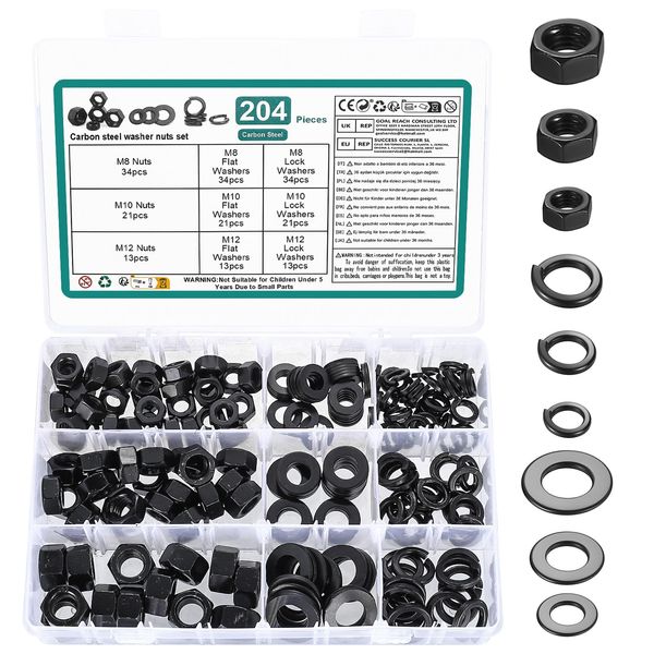 204 Hex Nuts & Flat Washers for Screws Bolts & Spring Lock washers: 68 hex Lock nuts, 68 Metal Washer Assorted, 68 Spring Split lock Washerss, Hexagonal Nut, Locking Nutss, Hex Nut Assortment Set