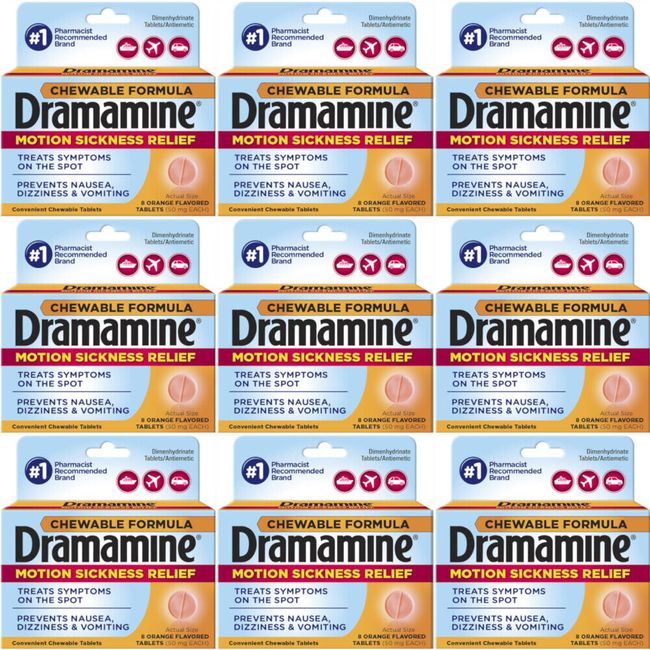 9 Pack Dramamine Motion Sickness Relief, Chewable Tablets Orange Flavor, 8 each