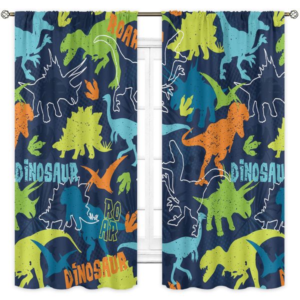 Cinbloo Boys Dinosaur Curtains Rod Pocket Colorful Cartoon Dino for Kids Funny Animals Child Dark Blue Cute Safari Wildlife Art Printed Living Room Bedroom Window Drapes Fabric 2 Panels 42Wx63H Inch