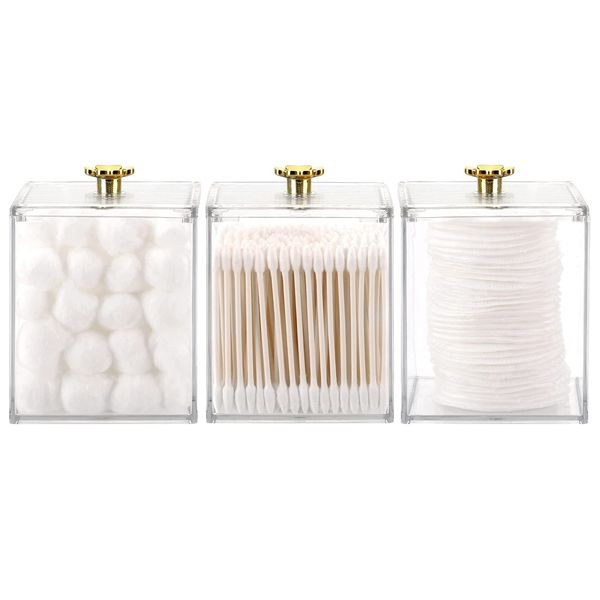 3PCS Qtip Holder Bathroom Organizer and Storage Containers Plastic Apothecary Jars Dispenser with Lids for Cotton Ball, Cotton Swab, Cotton Round Pads, Floss