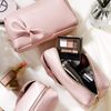 Rownyeon Makeup Pouch, Portable, Cute, Compact, With Many Compartments, Korean Style, Ribbon, Pen Case, Water Repellent, PU Small Items, Mini, Pink, Brush Holder, Pen Holder, Birthday Gift