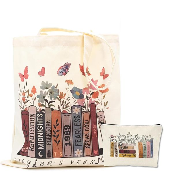 Stoffbeutel Bedruckt, TS Album Inspirierte Tragetasche Damen, TS Canvas Tote Bag Stofftasche Aesthetic Tragetaschen Baumwolltasche Leinentasche Geschenk Musikliebhaber (Tragetasche + Make-up-Taschen)