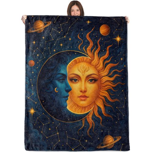WKEDIN Celestial Sun and Moon Blanket,50x60in,Cozy Flannel Throw with Mystical Cosmic Star Planet Constellation Design,Soft Lightweight Gifts Blankets for Women,Sofa Bed Travel Camping Decor