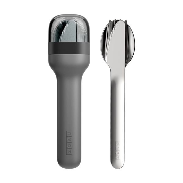 ZOKU Pocket Utensil Set, Charcoal - Stainless Steel Fork, Knife, and Spoon Nest in Hygienic Case - Portable Design for Travel, School, Work, Picnics, Camping and Outdoor Home Use