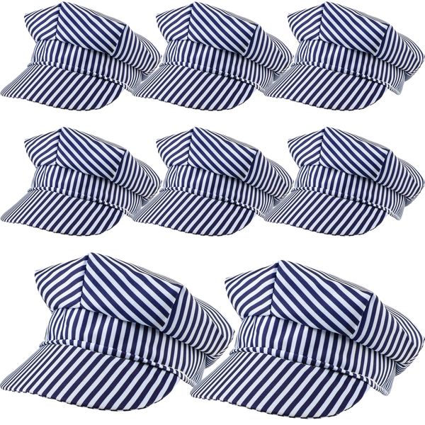 SGBETTER 8 Pack Kids Train Engineer Hats Conductor Party Hat Blue White Stripe Railroad Hat for Child Halloween Cosplay Party Dress Up Costume Accessories