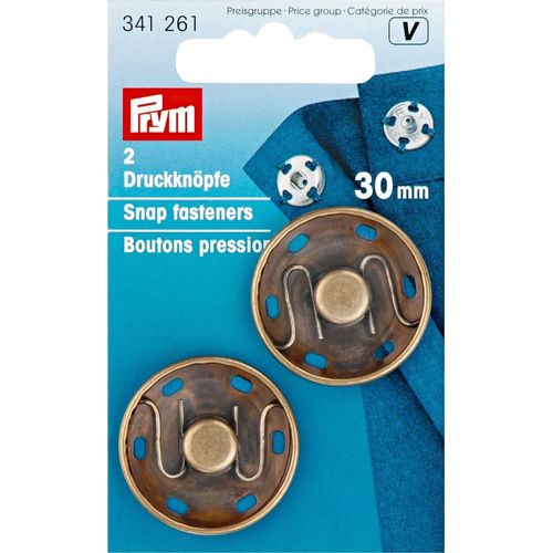 Prym Sew-On Snap Fasteners, Gold, 30 mm, altmessing, 2 Stück