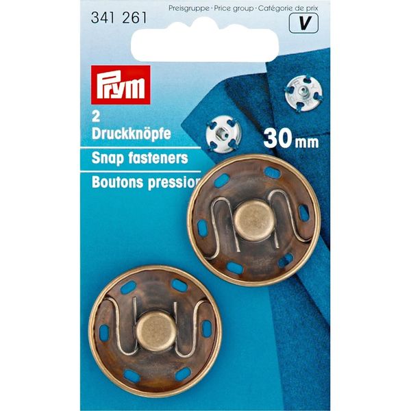 Prym Sew-On Snap Fasteners, Gold, 30 mm, altmessing, 2 Stück