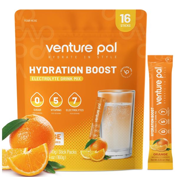 Venture Pal Sugar Free Electrolyte Powder Packets - Liquid Daily IV Drink Mix for Rapid Hydration & Party Recovery | 5 Vitamins & 7 Electrolytes| Keto Friendly | Non-GMO | Certified Vegan | 16 Sticks