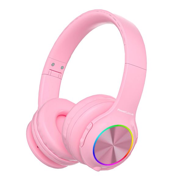 PowerLocus Kids Headphones, Bluetooth Headphones Over Ear for Kids with LED Lights, 94db Volume Limited Headphone, Micro SD/TF, Foldable with Hi-Fi Stereo,Built-in Mic for School/Tablet/Travel (Pink)