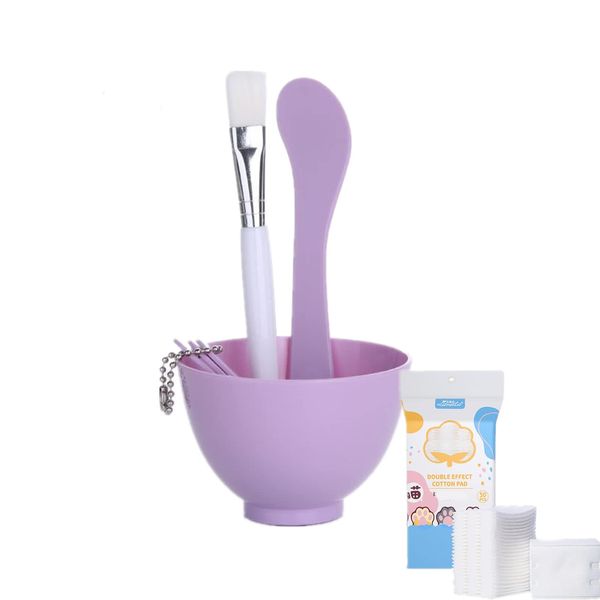 Face Mask Mixing Bowl Set +50pcs Cotton Pads, Plastic 6 in 1 DIY Facemask Mixing Tools Kit with Mask Bowl Stick Spatula Measuring Cup & Mask Brushes (Purple)