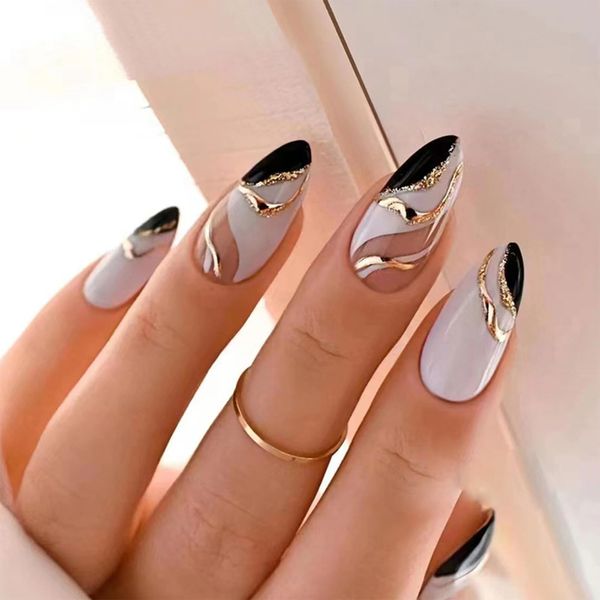 24pcs Short Oval False Nails Black White Stick on Nails Gold Glitter Wave Press on Nails Removable Glue-on Nails Full Cover Fake Nails Women Girls Nail Art Accessories