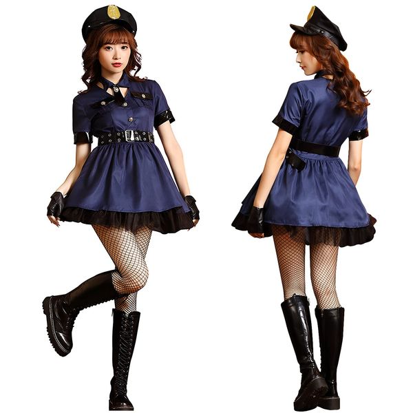 [Choni Choice] Police Cosplay Uniform, Miniskirt Police Dress, Women's Police Police, Halloween Costume, Sexy, Cute, School Festival, Cultural Festival, Costume, With Gloves, S - L Navy Blue (S)