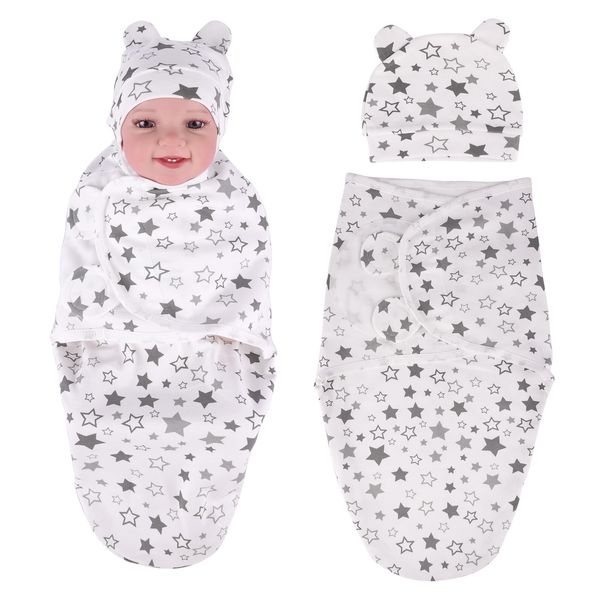 BABESIDE Reborn Baby Doll Swaddle Blanket with Baby Doll Hat for 17-24 Inch Dolls, Baby Doll Blanket and Baby Doll Accessories Set for Newborn Baby Dolls, White & Gray Star Pattern