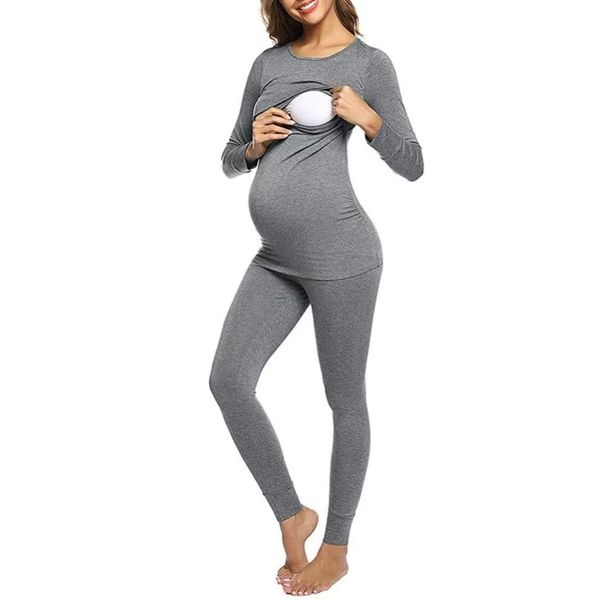 Damen Stillpyjama Damen Lang Zweiteiliger Schlafanzug Langarm Umstandsmode Winter Krankenhaus Hausanzug für Schwangerschaft (DE/NL/SE/PL, Alphanumerisch, XXL, Regular, Regular, Grau)