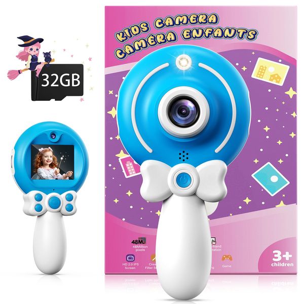 TEKFUN Kids Camera Toy for Girls Age 3-9, Magic Wand with Bow Handheld Camera, Portable 1080P HD Video Selfie Digital Camera with 32GB SD Card, Christmas Birthday Gifts for Toddler, Blue