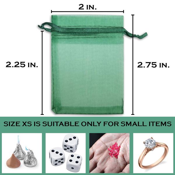 TheDisplayGuys 48-Pack 2" x 2-3/4" Dark Green Sheer Organza Gift Bags with Drawstring, Goodie Bags for Jewelry, Candy Bags, Treat Bags, Wedding Favors Small Mesh Bags