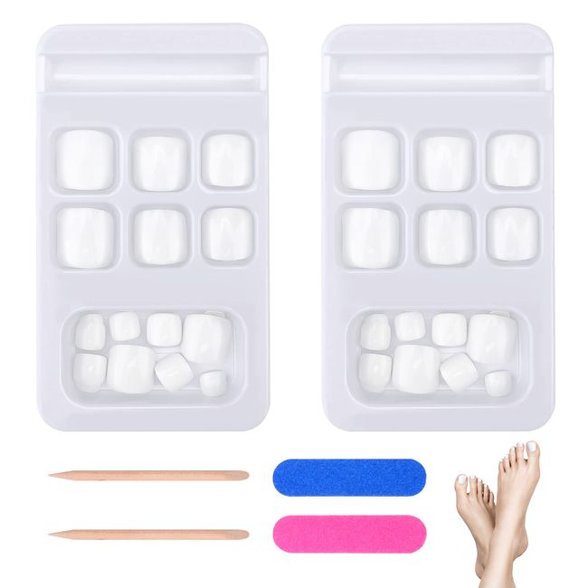 JSRQT 48 Pcs Fake Toe Nail Art Tips Full Cover Short Fake Toe Nails for Women Girls French Artificial Manicure Fake Toe Nails False Toenails Natural Toenails Nail Art Design White False Nails