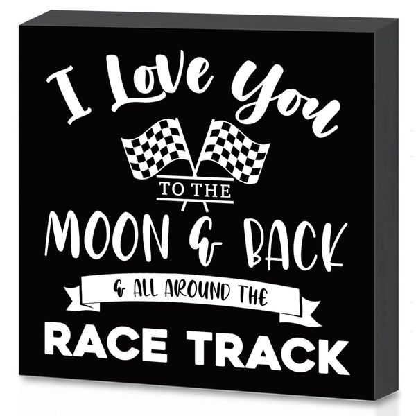 I Love You To The Moon And Back And All Around The Race Track Desk Decor Wooden Block Sign Racing Checkered Flags Decor, Wall Art Sign Boys Room Shelf Table Decor(6×6 Inch)