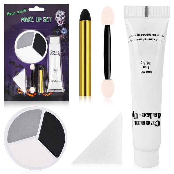 Halloween Makeup, Face Painting Kit, Black White Gray Face Paint + Sponge + Brush, Washable Formula Cream Clown Face Paint, for Clown Joker Demon Devil Vampire Halloween Makeup, Cosplay