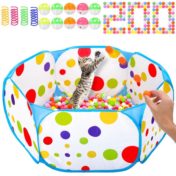 AIERSA Interactive Cat Toy,Cat Ball Pit with 4Pcs Cat Spring Toy,200Pcs Pom Pom Balls,10Pcs Jingle Balls,Cat Toys for Bored Indoor Cats, Cat Enrichment Toys for Indoor Cats Self Play