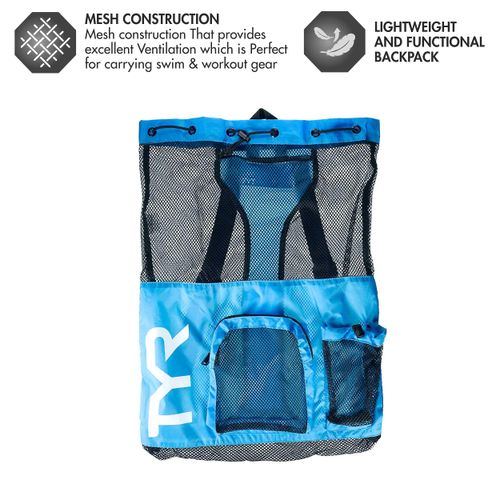 TYR Big Mesh Mummy Backpack for Swim, Gym and Workout Gear, Blue, 40-Liter Capacity