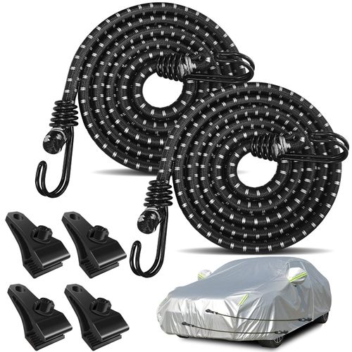 Hlogree 2PCS Car Cover Gust Straps Wind Protector,Bungee Cords Hook Clips Kit Hold Tarp Tie Down from Blowing Off in High Winds-Universal Fit for Most Cars,Sedans,SUVs,Trucks,Vans and More-Black