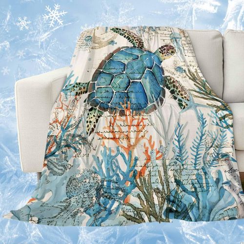 Nautical Turtle Cooling Blankets for Hot Sleepers Ocean Coral Starfish Retro Cool Throw Blanket, Lightweight Coastal Turtle Ice Blanket 40" x 60" Summer Cold Blankets for Night Sweats