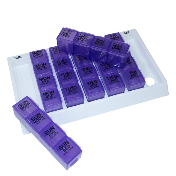 GMS 4 Times Per Day Weekly Slant Tray Pill Organizer – Includes 7 Removable Pill Boxes Designed to Protect and Remind That its Medication Time during Travel, Work and Any Other Daily Activity (Purple)