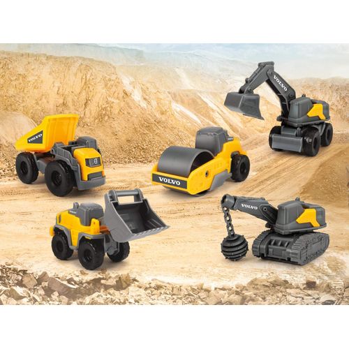 Dickie Toys 203722008 Volvo Micro Workers, 5-Piece Toy Set, Excavator, Construction Site Set, Construction Vehicles, Construction Site Vehicles, Gift Set, for Children from 3 Years, Yellow/Grey