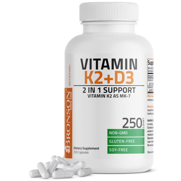 Bronson Vitamin K2 (MK7) with D3 Supplement Bone and Heart Health Non-GMO Formula 5000 IU Vitamin D3 & 90 mcg Vitamin K2 MK-7 Easy to Swallow Vitamin D & K Complex, 250 Capsules