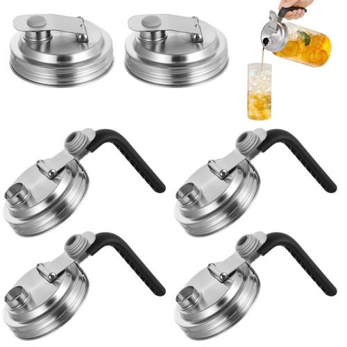 Toyosport 6 Pack Mason Jar Pour Spout Lids, Stainless Steel Flip Cap Lid with Non-Slip Long Handle, Sealed Mason Jar Lids for DIY Drinks Pickles Grains