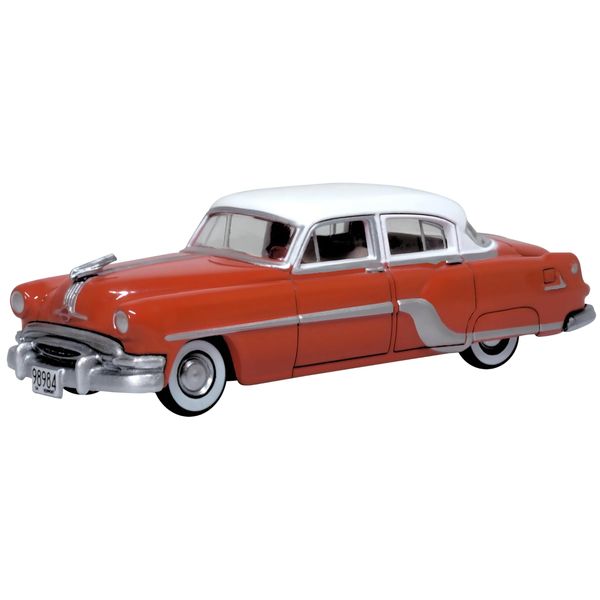 1954 Pontiac Chieftain 4 Door Coral Red with Winter White Top 1/87 (HO) Scale Diecast Model Car by Oxford Diecast 87PC54004