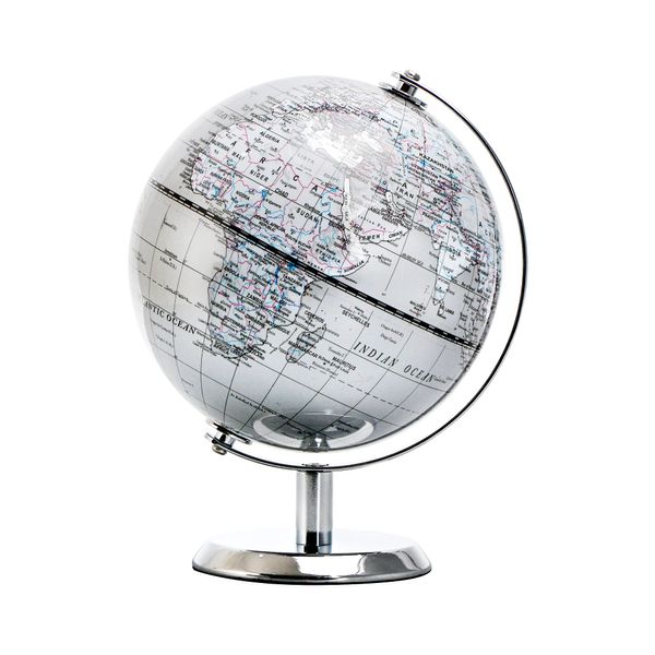 Topglobe 14cm World Globe Silver - Mini Globe Educational/Geographic/Modern Desktop Decoration - Stainless Steel Arc and Base - Silver Grey