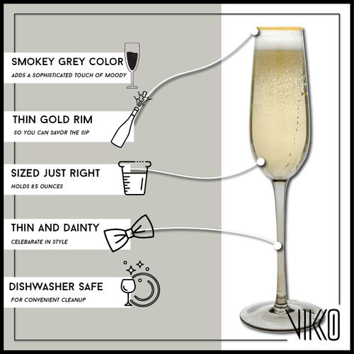 Vikko Champagne Flutes, 8.5 Ounce Toasting Champagne Flute, Smoked with Gold Rim, Crystal Clear Champagne Glasses, Set of 2 Elegant Sparkling Wine Glasses