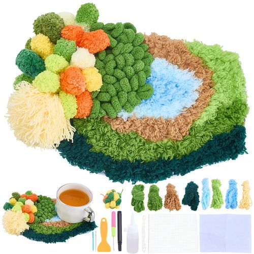 WEBEEDY DIY Rug Hooking Coasters Kit Complete Moss Latch Hook Coaster Crochet Kit with Mesh,Felt Cloth,Yarn,Instruction and Other Tools for Beginners,DIY Latch Hooking Craft Coaster Set,6.7x8.7Inch
