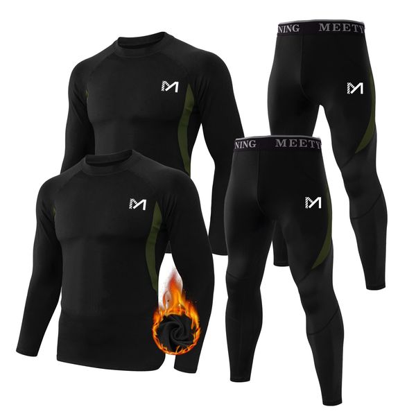 MEETYOO Thermal Underwear, Men's Base Layer,2 Sets Long Johns Lined with Hunting Gear, Black+Black, Large